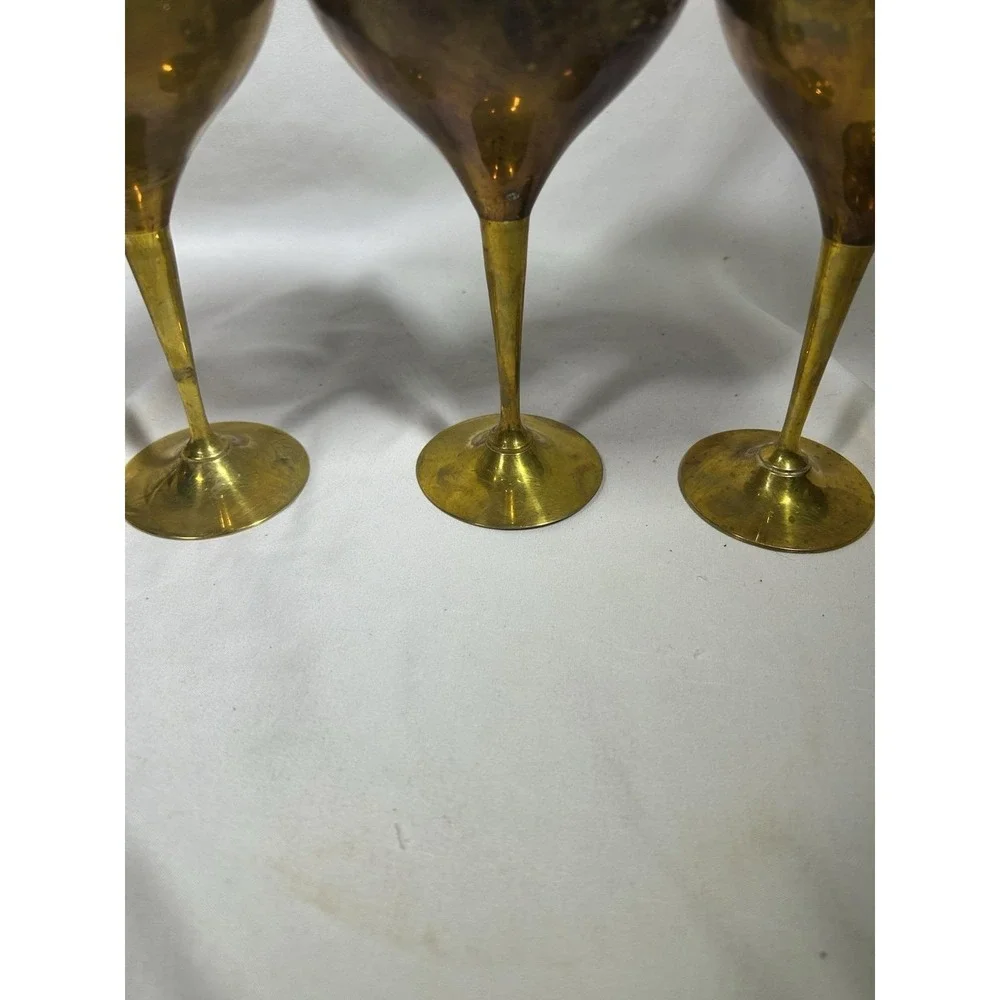 Vintage Set of 3 Brass Goblets Patina Wine Glasses Cups 6